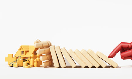 Two red robotic hands stopping falling dominoes to protect a wooden house, family figures, car, and coins, symbolizing full coverage insurance and financial safety. 3d rendering.の写真素材