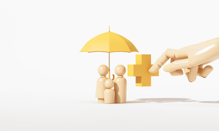A wooden family stands under a yellow umbrella while a wooden hand adds a yellow medical cross, symbolizing family insurance, health protection, and financial security. 3d rendering.の写真素材