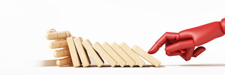 A red robotic hand touches a line of wooden domino blocks, symbolizing the start of a chain reaction and the importance of risk control in insurance and business. 3d rendering.の写真素材