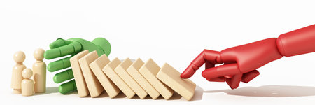 Wooden hand stopping falling domino blocks in front of wooden family figures, symbolizing protection, safety, and insurance support. 3d rendering.の写真素材