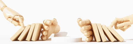 Two wooden hands stop falling domino blocks from both sides, representing protection, prevention,...