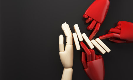 Red hands representing unexpected threats attempting to break the pattern, while a wooden hand prevents destruction and maintains stability. 3d rendering.の写真素材