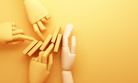 A collaborative effort of hands stopping dominoes, showing unity, risk control, and the importance...