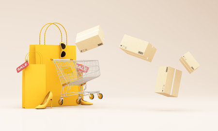 Large shopping bags fashion heels and flying packages illustrate fast shipping service and the freedom of online shopping with lifestyle products ordering directly from apps. 3d rendering.の写真素材