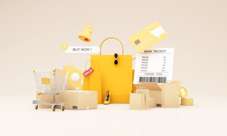 A smartphone with shopping cart and sale bags represents online store systems where purchases notifications and offers appear directly to customers anywhere. 3d rendering.の写真素材