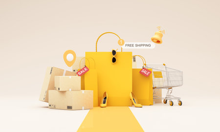 Shopping bags sale tags and a shopping cart surrounded by boxes show the convenience of online stores with free shipping benefits and instant digital purchase. 3d rendering.の写真素材