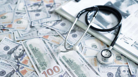 Stethoscope and medical documents with money expressing health insurance paperwork, billing issues...