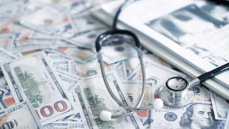 Pills and medical equipment placed on US dollars symbolizing rising pharmaceutical prices, expensive...