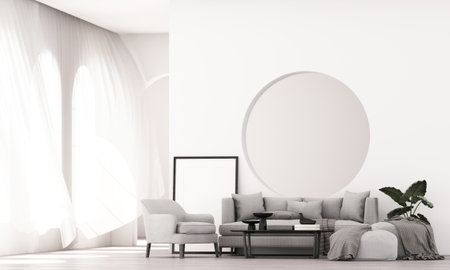 A bright modern living room memphis style interior with neutral furniture, arched windows and indoor...