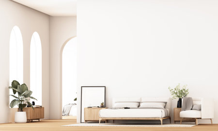 Modern minimalist bedroom with arched windows and natural wood furniture in bright serene atmosphere. 3d rendering.の写真素材
