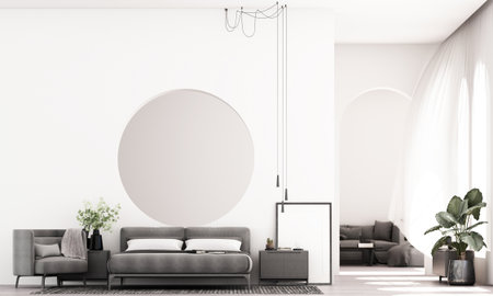Modern living room in grey tones with round wall design and soft natural light, creating a calm and...
