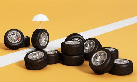 A tire under an umbrella stands safely apart from scattered tires, symbolizing coverage, travel insurance, and protection from accidents on the road. 3d rendering.の写真素材