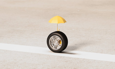 A car tire with a yellow umbrella on the road conveys travel protection, accident insurance, and readiness for safe journeys in every weather. 3d rendering.の写真素材