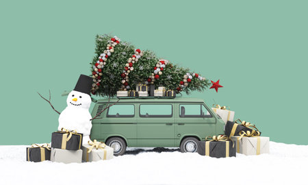 A green mini van with a decorated Christmas tree on top stands in snow, joined by a cheerful snowman and wrapped gift boxes, reflecting warm festive travel vibes. 3d rendering.の写真素材