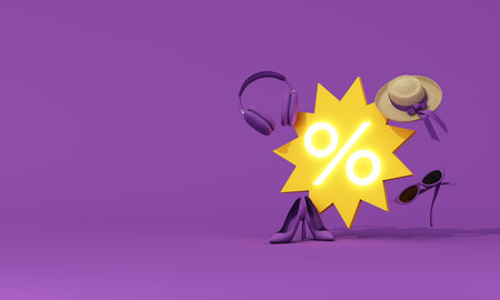 Minimal discount concept with percent sign, fashion accessories and high heels on purple background,...