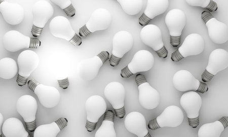 Creative concept with one illuminated light bulb surrounded by white bulbs on clean background...