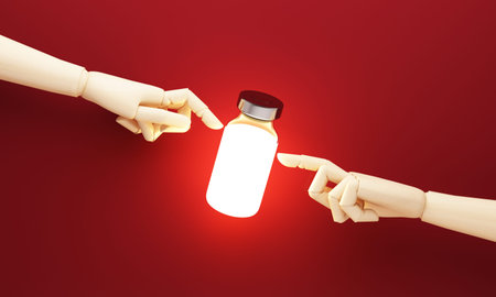 Conceptual 3D illustration of human hands reaching toward a glowing vaccine bottle on a red...