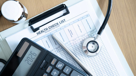 Close-up health check list with medical stethoscope, calculator and pen on clinic desk, concept of...