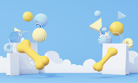Minimal pet shopping concept with dog bones and shopping bags on soft blue background, modern...