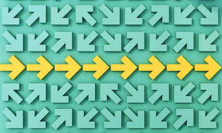 Yellow arrows moving forward in one clear direction among scattered arrows, representing focus,...