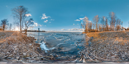 3D spherical panorama with 360 viewing angle. Cold blue sunset on the lake.