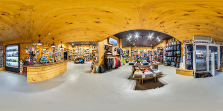 MOSCOW RUSSIA DECEMBER 21 2017  Shop sporting goods for active and extreme sports. Snowboards, skis, bicycles, skateboards. 3D spherical panorama, 360 viewing angle. Full equirectangular projection.のeditorial素材