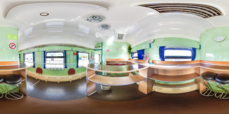 3D spherical panorama with 360 viewing angle. Ready for virtual reality or VR. Full equirectangular projection. Interior of train. Dining car.の写真素材