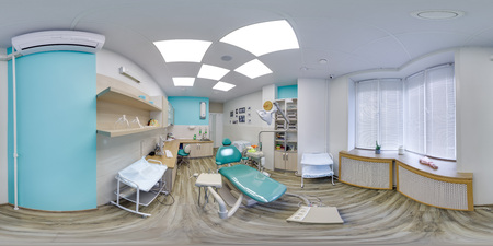 MOSCOW - SUMMER 2018, 3D spherical panorama with 360 viewing angle of the green dental office. Ready for virtual reality. Full equirectangular projection.  Dental clinic. Blue color.のeditorial素材