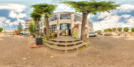 Minsk, Belarus - 2018: 3D spherical panorama of the party loft courtyard with place for sitting with...