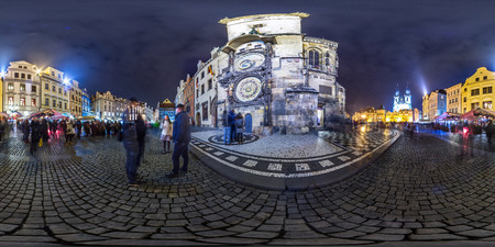 Prague - 2018: Prague astronomical clock at evening. Autumn. 3D spherical panorama with 360 viewing...