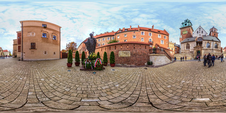 Krakov - 2018: Monument of Pope John Paul II in Krakow at the Wawel. 3D spherical panorama with 360...