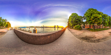 Saint-Petersburg - 2018: View of the Palace Bridge. White nights. Blue sky. 3D spherical panorama with 360 viewing angle. Ready for virtual reality. Full equirectangular projection.のeditorial素材
