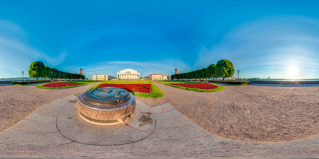 Saint-Petersburg - 2018: Spit of Vasilyevsky Island. White nights. Blue sky. 3D spherical panorama...