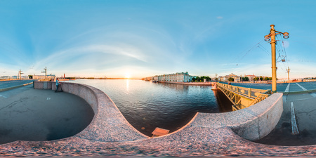 Saint-Petersburg - 2018: View of the Neva from the palace bridge. White nights. Blue sky. 3D spherical panorama with 360 viewing angle. Ready for virtual reality. Full equirectangular projection.のeditorial素材