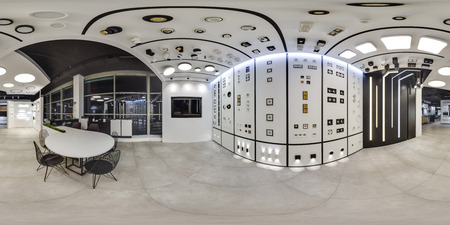 Moscow - 2018: Beautiful fashionable interior of furniture design store in modern mall with loft...