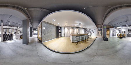 Moscow - 2018: Beautiful fashionable interior of furniture design store in modern mall with loft...
