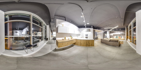 Moscow - 2018: Beautiful fashionable interior of furniture design store in modern mall with loft...