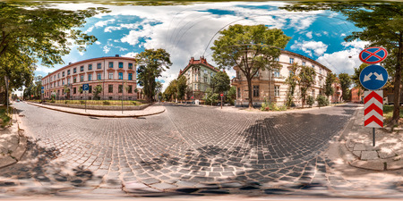 Lviv - summer, 2018: 3D spherical panorama with 360 degree viewing angle. Ready for virtual reality in vr. Full equirectangular projection.  Old town. City center. Buildings with blue sky. Summer. Evening.のeditorial素材