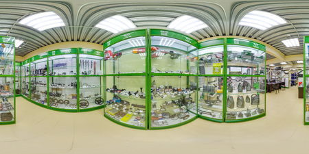 Moscow-2018: 3D spherical panorama with 360 degree viewing angle of the auto store interior with repair parts, spares, car parts. Ready for virtual reality in vr.  Full equirectangular projection.のeditorial素材