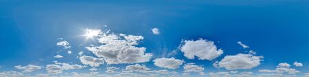 Sky 360 with clouds and sun. Image with 3D spherical panorama with 360 degree viewing angle. Ready for virtual reality in vr. Semi equirectangular projection. Huge resolution. Background for games. の写真素材