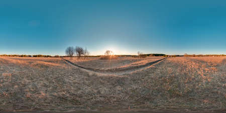 Beautiful landscape with river blue sky sunset at spring trees without greens and grass 3D spherical panorama with 360 degree viewing angle Ready for virtual reality vr Full equirectangular projectionの写真素材