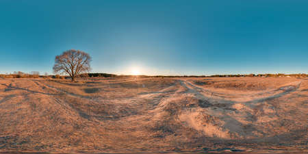 Beautiful landscape with river blue sky sunset at spring trees without greens and grass 3D spherical panorama with 360 degree viewing angle Ready for virtual reality vr Full equirectangular projectionの写真素材