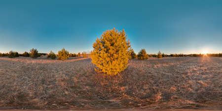 Beautiful landscape with river blue sky sunset at spring trees without greens and grass 3D spherical panorama with 360 degree viewing angle Ready for virtual reality vr Full equirectangular projectionの写真素材