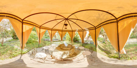 fabric garden pavilion with table and chairs inside view background Image with 3D spherical panorama with 360 degree viewing angle Ready for virtual reality in vr Full equirectangular projectionの写真素材
