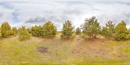 Amazing landscape with blue sky at spring trees without grass and greens with snow 3D spherical panorama with 360 degree viewing angle Ready for virtual reality vr Full equirectangular projectionの写真素材