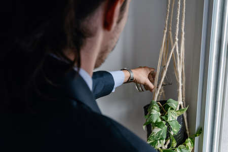 long-haired businessman watering his home plants for work in confinement, doing housework, Labor Day 2021の写真素材