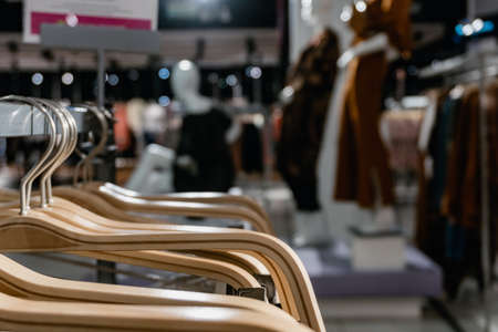 clothes hooks hanging on a shelf from a Giant clothing store. Buenos Aires, Falabellaの写真素材