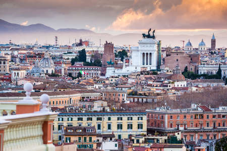 Panorama of Rome at sunrise view of the Altar of the Fatherland and the roofs of buildingsのeditorial素材