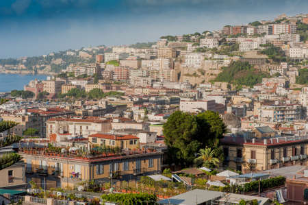 Panoramic view of Naples city, Chiaia neighborhood, gulf of Napoli, Mediterranean sea, Italyのeditorial素材