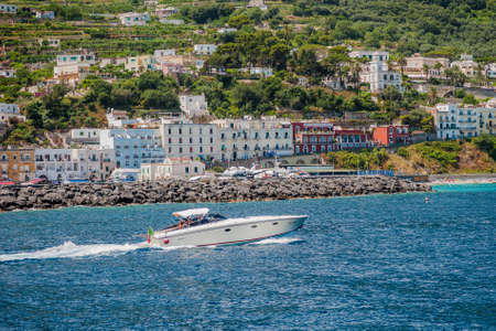 The boat sails near the island of Capri, Mediterranean sea, Campania, Italyのeditorial素材